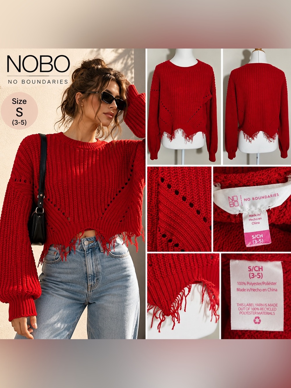 No Boundaries Red Distressed Knit Sweater Size S 3-5